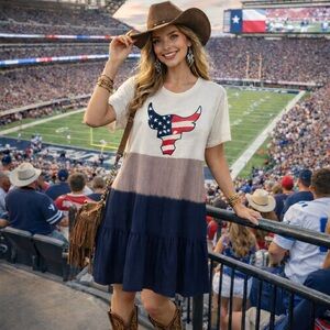 HOUSTON TEXANS Upcycled tiered midi dress, by Susie.